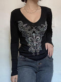 Dodobye-Gothic Rhinestone Print V Neck Long Sleeve Tee