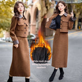 thanksgiving outfit Dodobye Fashionable Casual Suit Autumn/Winter New PU Leather Patchwork Tweed Style Down Jacket Half Skirt 2-Piece Set Skirt YJ6816