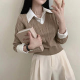 christmas outfit Dodobye Blouse Collar Fake Two-piece Cable Knit Sweater