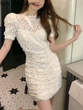 Dodobye 2025 Spring Lace Design Elegant Y2k Mini Dress Woman Party Sexy Bodycon Dress Casual Puffer Sleeve One Piece Dress Korea Fashion