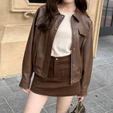 thanksgiving outfit Dodobye 2024 New Style Loose Fit Slimming Petite Jacket Brown Lapel Leather Women's Autumn Vintage Direct From Manufacturer