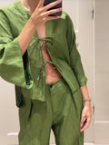 Dodobye Casual Loose 2 Pieces Sets Women 2024 Summer V-neck Lace Up Long Sleeve Blouses Wide Leg Trousers Vintage Green Lady Pants Suit