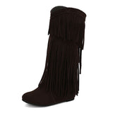 thanksgiving outfit Dodobye Women Mid Calf Boots Round Toe Increased Heel Fringe Flock Suede 46 47 48 Slip On Fashion Dating Bota