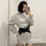 Dodobye American Retro Spice Girl Knitted Dress Women Casual Grey Long Sleeve Short Hoodie Dress + Slim Black Belt Autumn 2 Piece Set