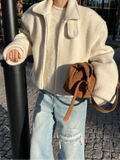 christmas outfit Dodobye 2024 New White Chic Women's Lamb Wool Cropped Coat Fashion Loose Zipper Lapel Full Sleeved Jackets Female Warm Casual Streetwear