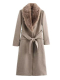 christmas outfit Dodobye Elegant Women's Solid Fur Collar Woolen Coat With Belt Fashion Long Sleeve Single Breasted Overcoat Fall Winter New Lady Outwear