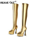 thanksgiving outfit Dodobye 14.5cm Block Heel 5cm Platform Over Knee Thigh High Boots Pointed Toe Faux Leather Gold Big Size 47 48 US17