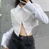 Dodobye Slim Cropped White Shirt Women Long Sleeve Sexy Chic Double Zippers Blouse Fall Female Long Sleeve Hip Hop Streetwear Tops