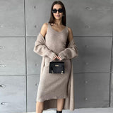 Black Friday Dodobye Casual Knitted Sling Dresses Cardigan Set Women Loose Solid V-neck Knitwear Long Open Sweater Woman's Sets Autumn Chic Oufits