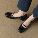 Dodobye Women's Gentle Retro Single Shoes Women Spring Autumn Mary Jane Shoes Black Leather Square Toe Thick Heels Shollow Single Shoes