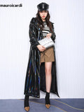 christmas outfit Dodobye Spring Soft Thin Flowy Shiny Reflective Holographic Black PVC Faux Leather Trench Coat for Women Maxi Y2K Streetwear