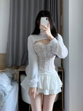 Dodobye Korean Fashion White Skirt Sets Women Casual Slim Crop Tops + Sexy Y2K Lace Vest + Sweet Party Kawaii Mini Skirt 2025 Spring