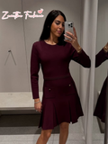 christmas outfit Dodobye Burgundy Elegant Women's Pleated Hem Knitted Mini Dress Fashion O-neck Full Sleeve Slim Vestidos 2025 Female Chic Spring Dresses