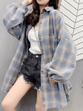 Dodobye Checkered Baggy Long Sleeve Button Blouse