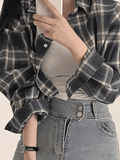 Dodobye Cropped Long Sleeve Checkered Blouse