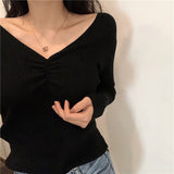 Dodobye Sexy V Neck Women Sweater Autumn Knitted Pullover Jumper Chic Soft Korean Slim Long Sleeve Female Basic Top New