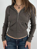 Dodobye-Solid Ribbed Zip Up Drawstring Hooded Long Sleeve Knit