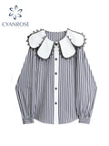 Dodobye Women's Striped Blouse Shirt Tops Korean Vintage Fashion Shirt Y2k Kawaii Peter Pan Collar Long Sleeve Shirt Ladies Autumn 2025