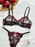 Dodobye - Floral Embroidery Lingerie Set, Hollow Out Unlined Bra & Sheer Mesh Thong, Women's Sexy Lingerie & Underwear