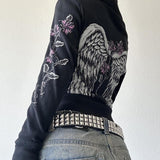 Dodobye Y2k Grunge Zip Up Sweatshirt Flower Wings Print Slim Fit Hoodies E-girl Gothic Cool Street Outwear 00s Aesthetic Vintage Jacket