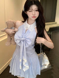 Dodobye 2000s Aesthetic Mori Girl Vacation Striped Outfits 2 Piece Dress Set Bow Sleeveless Frocks + Lace Patchwork Shorts Summer Women