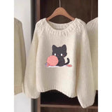 christmas outfit Dodobye Autumn and winter popular round neck style Korean style pullover women's thick line white sweater cartoon sweater lazy top cat