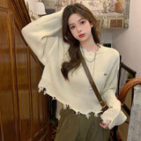 Black Friday Dodobye Y2K Ripped Knitted Crop Sweater Women Autumn Fashion Long Sleeve Tassel Pullover Korean Loose Streetwear Hollow Out Chic Jumper