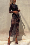 Dodobye-Stylish tie-dye mesh overlay printed long-sleeve ruffled stretch maxi dress