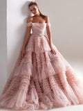 Dodobye Light Pink Ball Gown Evening Dress Sweet Tulle Sweep Train Prom Dress 2025 Off Shoulder Party Dress  فساتين مناسبة رسمية-(PRE-ORDER)