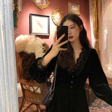 Dodobye French Vintage Dress Women Lace Velvet Black Elegant Party Dress Female Autumn 2020 High Waist Long Sleeve Midi Gothic Dress