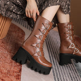 thanksgiving outfit Dodobye Women Boots Toe Block Heels 9cm Platform 5cm Rivets Decor Size 43 44 Bota