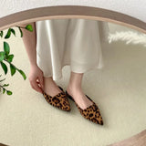 Dodobye Women Slippers Pointed Toe Leopard Design Shallow Slip on Thin Low Heels Black Flock Design Casual Mules Loafers Black Outdoor