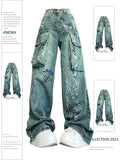 Dodobye Women Blue Graffiti Cargo Jeans Baggy Vintage Korean Cowboy Pants Harajuku Denim Trouser 90s Aesthetic Y2k 2000s Trashy Clothes