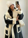 christmas outfit Dodobye Women's Chic Contrast Spliced Lamb Wool Long Jackets Fashion Belted Thicken Warm Lapel Full Sleeved Coat Female Loose Streetwear