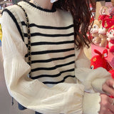 Black Friday Dodobye Black White Striped Knitted Sweater Women Korean Fashion Lantern Sleeve Fall Winter Sweet Fake Two-Piece Pullover School Jumpers