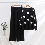 Dodobye Heart Printed Knitted Sweater Pants Sets Women Long Sleeve Oversize Pullover High Waist Wide Leg Trousers Suits 2 Pieces Outfits