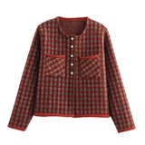 Black Friday Dodobye 2024 Autumn New Product Women's Classic Red Checkered Round Neck Long Sleeve Small Fragrant Knitted Sweater Coat