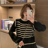 Black Friday Dodobye Black White Striped Knitted Sweater Women Korean Fashion Lantern Sleeve Fall Winter Sweet Fake Two-Piece Pullover School Jumpers