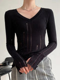 Dodobye-V Neck Slim Cutout Long Sleeve Knit