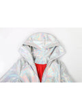 christmas outfit Dodobye Spring Long Shiny Reflective Holographic Silver Faux Leather Trench Coat for Women with Hood Zip Up Y2K Streetwear