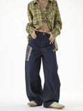 Dodobye 90s Streetwear New American Style Splicing Plaid Washed Cargo Pants Women Retro Wide Leg High Waisted Baggy Jeans Women Hip Hop Denim Pants