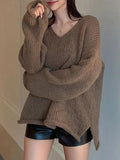 Dodobye-Solid V Neck Slit Rolled Sweater