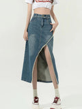 Dodobye Women's Blue A-line Denim Skirt with Slit Vintage Aesthetic Y2k Jean Skirt Harajuku Korean Long Cowboy Skirts 2000s Clothes 2025