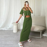 Dodobye Casual Knit Hollow Out Skirt Sets Women 2 Pieces Loose Lapel Button Short Sleeve Crop Top Long Skirts 2024 Summer Lady Outfits