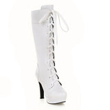 thanksgiving outfit Dodobye British Ladies Knee High Boots Round Toe Lace Up 12CM Platforms Spike Heels Shoes Size 31-45 White A4206