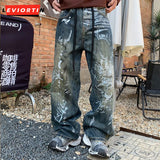 Dodobye 2025 Winter New American High Street Trendy Brand Jeans For Men Hand Drawn Graffiti Wide Legs Loose And Versatile Straight Pants