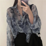 Dodobye Vintage Shirt Women Harajuku Tie Dye Print Korean Loose Casual Chiffon Blouse Autumn Holiday Transparent Gothic Hippie Top