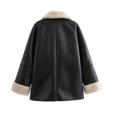 Black Friday Dodobye Autumn New Product Women's Collar Leather Effect Double sided Loose Versatile Jacket PU Leather Coat