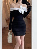 Dodobye hoco dresses-Long-Sleeve Off-Shoulder Two Tone Bow Accent Ruched Mini Bodycon Dress