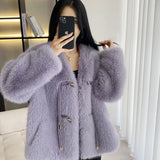 thanksgiving outfit Dodobye Elegant Solid Color V-Neck Leather Jacket For Women 2024 New Design Sensibility Fuzzy Top In China Mainland Origin